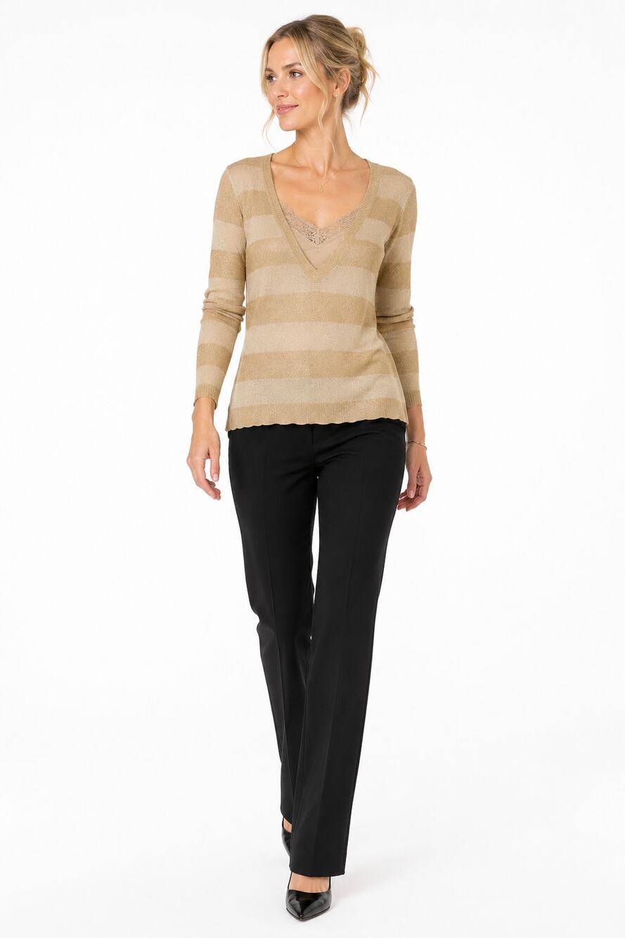 O216 Mixit Gold Metallic Striped Deep V Neck Sweater Top Large